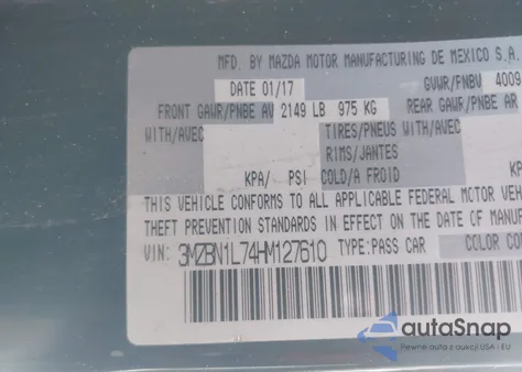 2017 Mazda Mazda3 Touring z USA, uszkodzony, nr VIN 3MZBN1L74HM127610